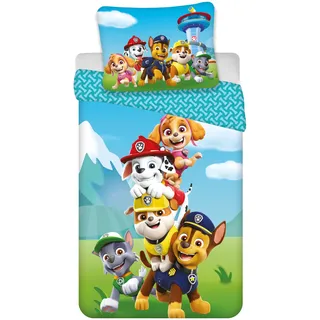 Paw Patrol Bettwäsche-Set für Einzelbett, 100 % Baumwolle, wendbarer Bettbezug 140 x 200 cm + Kissenbezug 65 x 65 cm