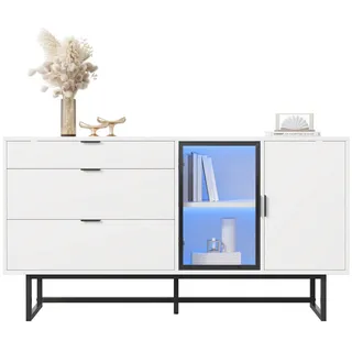 Redom Sideboard 160/36/78 cm mit LED-Beleuchtung, Glastüren und 3 Schubladen aus MDF und Holzwerkstoff, Weiß , 160x78x36 cm , Kleinmöbel, Kommoden, Sideboards