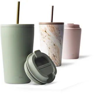 MAMEIDO Thermobecher mit Strohhalm 470 ml, Trinkbecher mit Deckel und Strohhalm aus Edelstahl doppelwandig isoliert, auslaufsicher, Coffee to go Becher (Desert Sage)