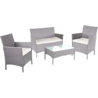 2-1-1 Poly-Rattan Garten-Garnitur Halden, Sitzgruppe Lounge-Set Sofa grau, Kissen creme - Grau