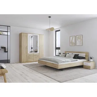 Rauch Möbel Burano Schlafzimmer, bestehend aus 1 Bett Liegefläche 180x200cm, 2 Nachttischen 40x36x40cm, 1 Schrank mit Spiegel und Kranzblende 181x212x54cm, Farbe Eiche Sonoma mit Absetzung in Weiß