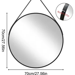 Runder Wandspiegel - Schminkspiegel - 70 cm Durchmesser - Gebürsteter Aluminiumrahmen - Lederriemen zum Aufhängen - Für Flur und Bad - Schwarz