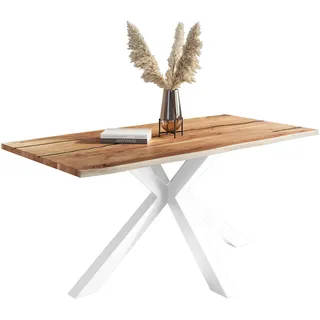 möbelliebling Baumkantentisch Akazie mit schwarzen Resin-Adern naturfarben 140 x 80 cm Spider-Gestell weiß POLLY - Naturbelassen