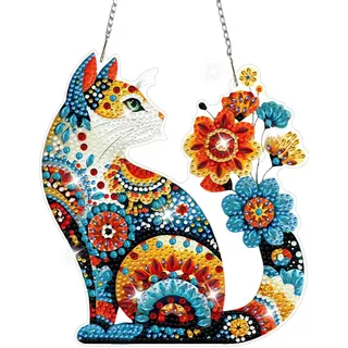 CEOVR Katze Hängende Diamant Painting Bilder Kits,Blumen Diamond Painting Ornament Kits Erwachsene 19.5x17.67cm,DIY Mandala Diamant Malerei Ornament für Wand Dekoration