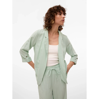 Kurzblazer VERO MODA "VMJESMILO 3/4 LOOSE BLAZER WVN NOOS", Damen, Gr. S, grün (silt grün), Web, Obermaterial: 55% Viskose, 45% Leinen, unifarben, regular fit normal, V-Ausschnitt, Blazer Kurzblazer, mit Leinen