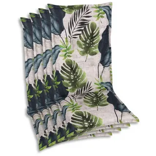 Sesselauflagenset , Blau, Grün, Hellgrau , Textil , 4-teilig , Blätter , Füllung: Schaumstoff, Vlies , 50x7x108 cm , Oeko-Tex® Standard 100 , pflegeleicht, hochwertige Qualität, langlebig, für den Außenbereich geeignet, mittels Bändern zu befestigen, mittels Gurtband zu befestigen , Gartenmöbel, Gartenpolster & Auflagen, Sesselauflagen