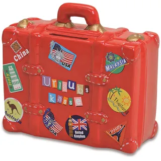 Spardose Urlaubskasse rot in Kofferform | Sparbüchse roter Reisekoffer mit Schlüssel und Schloss | Sparschwein abschließbar