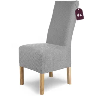 SCHEFFLER-Home Stuhlhussen Stretch Luna-Lang/Stuhlüberzug 4er Set Grau Lang/elastische Flanell Stuhlabdeckungen/Stuhlhussen Schwingstühle/Spann-Bezug Stuhl Überwurf als eleganter Schonbezug