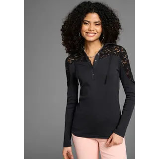 Kapuzenshirt KANGAROOS, Damen, Gr. 36/38, schwarz, Rippware, Obermaterial: 100% Baumwolle. Kapuzenfutter: 100% Baumwolle. Spitze: 95% Polyester, 5% Elasthan, kontrastfarbene Details, unifarben, figurbetont hüftbedeckend, Rundhals, Shirts Kapuzenshirt, Langarm, figurbetonter Schnitt, mit Spitze und Print, aus Baumwolle