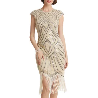 BABEYOND Damen Kleid voller Pailletten 20er Stil Runder Ausschnitt Inspiriert von Great Gatsby Kostüm Kleid (Beige Strass, XS (Fits 70-74 cm Waist))