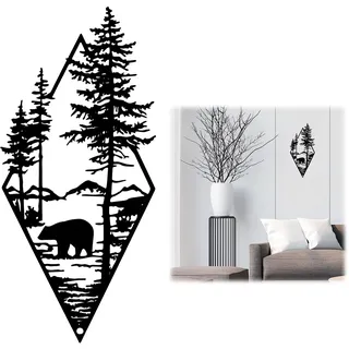Wanddeko Outdoor, Wand Deko Schlafzimmer Metall, Wohnzimmer Wanddeko Modern, Art Wall Decoration Living Room, Wandbild Metall für Innen Außen Garten Haus Dekoration, WäLder und Bären, Schwarz, 1 Stück