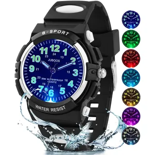 Juboos Neue 7-Farbige Kinderuhren, Kinderuhr Jungen Mädchen Analog Quartz Uhr mit Armbanduhr Kautschuk Wasserdicht Outdoor Sports Uhren 5-16 (Schwarz)