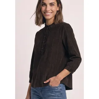 Rüschenbluse STREET ONE, Damen, Gr. 34, braun (schwarz coffee), Web, Obermaterial: 100% Baumwolle, Strukturmuster, hüftlang, Rundhals, 1-Knopf-Manschette, Blusen Rüschenbluse, Rundhalsausschnitt mit dekorativer Knopfleiste und Rüschen, Topseller