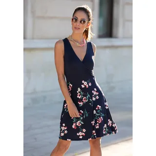 Beachtime by Lascana Jerseykleid "mit bedrucktem Rockteil, Oberteil in Wickeloptik, Sommerkleid" Ohne Taschen Figurbetontes Druckkleid mit Blumenmuster, Trägerkleid, Viskosekleid, marine, geblümt, bedruckt