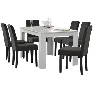 [en.casa] Esstisch Weiß mit 6 Esszimmerstühlen in dunkelgrau - 140x90cm - Weiß, Dunkelgrau, Schwarz