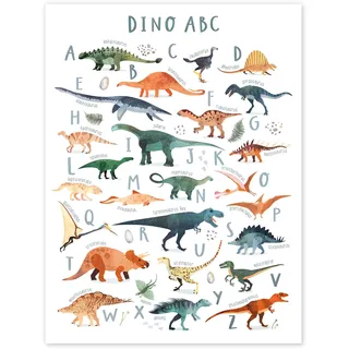 Fröhliches Dinosaurier ABC Lernposter Poster 70 x 90 cm | Bunte prähistorische Dinos | Fröhliche Illustration mit Namen, skandinavisches Kinderzimmer-Deko