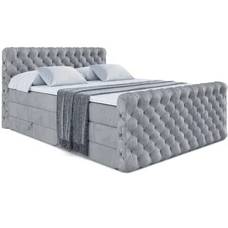 altdecor Boxspringbett mit Fußteil, 2 Matratzen und Topper, Fußteil,Polsterbett mit, H3- und H4- Matratzen, Bettk... - Grau