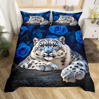Homewish Schneeleopard Bettwäsche 135X200 Kinder, Wildtier Bedruckt Bettbezug Set für Mädchen Jungen, Blaue Rose Dekorativ Blumen Angenehme Und Weich Bett Set Mit 1 Kissenbezug