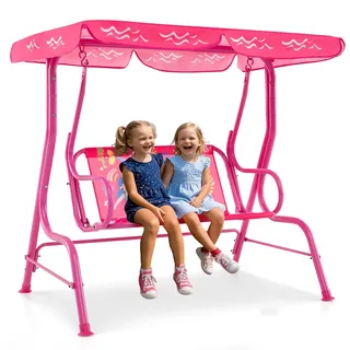 FANTASK 2-Sitzer Hollywoodschaukel, Kinder Gartenschaukel mit Sicherheitsgurten und verstellbarem Sonnendach, Schaukelbank für Kinder, Rosa