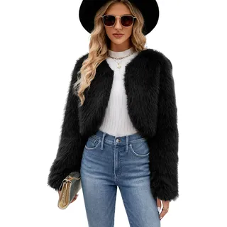 Damen Kurz Kunstpelze Jacke Kunstfell Mantel Kuschelig Fellmantel Dicke Warme Winterjacke Winter Pelzjacke Langarm Wintermantel, Damen , Weiß, M - Schwarz