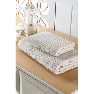 Questo Casa Badetuch-Set, 2-teilig, 100% Baumwolle, 20/2, kardiertes Jacquard-Velours, 450 g/m2, 50 x 90 cm (1 Stück), 90 x 150 cm (1 Stück), Beige