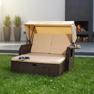 Strandkorb Braun Sonnendach Sonnenliege Sonnenbett Polyrattan Lounge Gartenmöbel - Braun