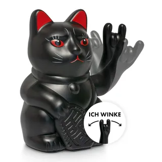 ANGRY CAT - Winkekatze Lucky CAT - rockige, winkende - Rock- japanische Winkkatze rockt - Dekoartikel Wackelfigur - Winke-Arm mit Heavy-Metal-Zeichen - 15cm - SCHWARZ-MATT