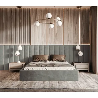 Polsterbett Vilde 200x220 mit Wandpaneelen 300 cm, Bettkasten, Samtbezug Piano 15 Dunkelgrau, stabile Konstruktion - Dunkelgrau