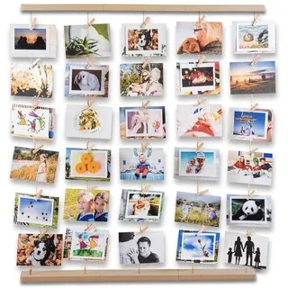 Unyqoos® Holz-Fotocollage zum Aufhängen – Wand-Fotoleiste 66×74×1,5 cm mit 6 Holzteilen, 5 Hanfseilen & 30 Holzklammern für Fotos, Karten und Kinderbilder