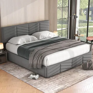 MODFU Polsterbett Boxspringbett 180×200 cm mit höhenverstellbarem Kopfteil und Bettkasten, Doppelbett Holzbett Samt, Grau(Ohne Matratze) - Grau