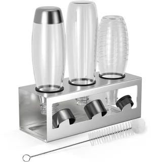 HOMMAND Flaschenhalter für SodaStream Crystal und Emil Flaschen, Edelstahl Flaschenhalter Abtropfgestell Abtropfständer für 3 Flaschen, mit Silikonschutzringe, Abtropfschale und Deckelhalter Silber