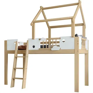 Stilvora Hochbett 90/200 cm in Weiß & Natur Kinderbett mit Fallschutz, Leiter und Dachdesign , Weiß, Naturfarben , Holz, Holzwerkstoff , 90x200 cm , Babymöbel & Kindermöbel, Kinderzimmer & Jugendzimmer, Kinderbetten, Hochbetten