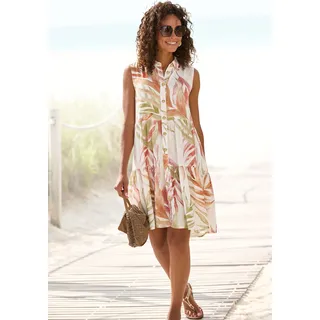 Hemdblusenkleid LASCANA "mit Alloverprint und Volants", Damen, Gr. 36, N-Gr, orange (sand, orange bedruckt), Web, Obermaterial: 100% Viskose, bedruckt, figurumspielend knieumspielend, hoch geschlossener Ausschnitt, Kleider Hemdblusenkleid, ärmelloses Sommerkleid, Strandkleid, Webkleid, Tunikakleid