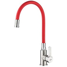 IBERGRIF Einhebel Küchenarmatur, Wasserhahn für Küche mit Rot Flexibler Auslauf, Supersteel M22119-1 grau/rot
