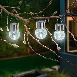 Solarlaterne Lampion außen CRACKLE BALL | 3er SET Hängeleuchte Kugelleuchte Bruchglas-Optik hängend Baumlicht | LED Gartenbeleuchtung Campinglicht outdoor | IP44 wetterfest kaltweiß 102308 - Silber