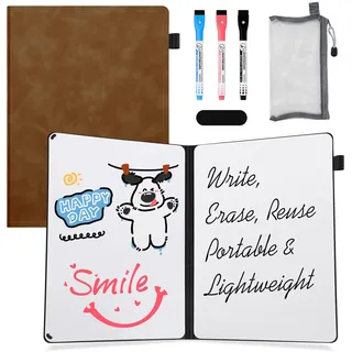 AGM A4 Mini Whiteboard, Kleines Whiteboard, tragbare Schreibtafel mit 3 Farbstiften, Radiergummi und Netzbeutel für Büro, Arbeitszimmer, Klassenzimmer und Zuhause – Braun