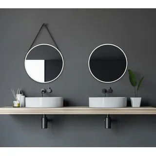 Wandspiegel rund Talos White Style Matt Ø 50 cm – Badspiegel mit Aufhängegurt in Lederoptik – hochwertiger umlaufender Aluminiumrahmen in weiß – Badezimmerspiegel - Weiß