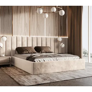 Polsterbett Vilde 200x220 mit Wandpaneelen 300 cm, Bettkasten, Samtbezug Piano 03 Creme, stabile Konstruktion - Creme