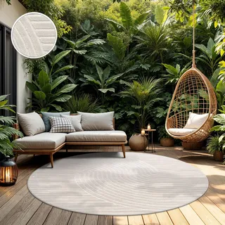 TT Home In-& Outdoorteppich Wetterfest Balkon Schlafzimmer Boho Skandi Motiv Unifarben Geometrische Optik Moderner Style Größe 200 cm Rund - Creme