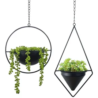 RC HemePaha Set mit 2 schwarzen Diamanten und runden geometrischen Metall-Blumentöpfen zum Aufhängen mit Blumentopf, moderner Wand- und Decken-Pflanzgefäß, Hochzeitsdekoration (2 Packungen, schwarz)
