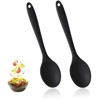 AzureRay Kochlöffel Silikon 2 Stück, Antihaft Kochlöffel Kunststoff mit Hygienischem Design, Küchenutensilien zum Kochen, Backen & Rühren, Servierlöffel Schwarz