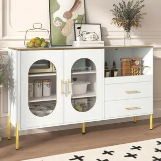 Moderner Sideboard-Schrank in Weiß mit Goldakzenten, 2 Schubladen & 2 Glastüren - Weiß