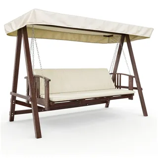 di volio Hollywood Schaukel ESTRI – 3-Sitzer Gartenschaukel aus Lärchenholz mit Liegefunktion und Sonnendach, wetterfeste Schaukelbank (Creme) - Creme