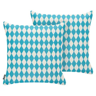 BELIANI Gartenkissen 2er Set Türkis Stoffbezug mit Füllung Quadratisch 45x45 cm Kariert Zweifarbig Retro-Design Dekokissen für Draußen Outdoor - Blau, Weiß