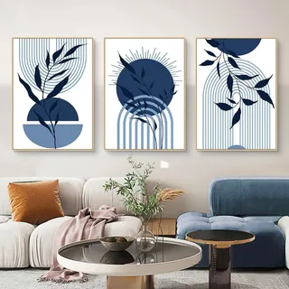3er Poster Set Abstrakt Blau Pflanze Blätter Wandbilder 30x40cm