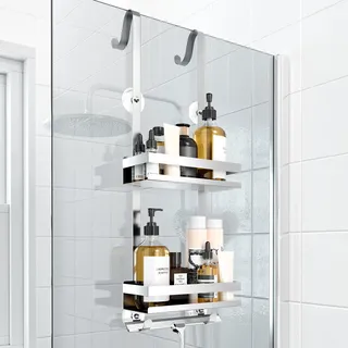 Laimew Duschablage ohne Bohren Badezimmer Organizer, Badregal Duschregal ohne Bohren, Duschablage zum Hängen für Glasduschtüren, Duschregal zum Hängen Shampoo Halterung für Dusche Silber