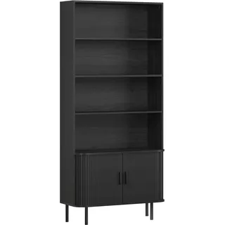 trendteam smart living - Ronin - Standregal - Schwarz - eleganter Bücherschrank mit Jalousie-Schiebetüren und Holzgriffen - (BxHxT) 80 x 172 x 40 cm - Schwarze Metallfüße - 4 offene Fächer