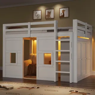 Merax Hochbett 140x200 cm, Etagenbett mit Kleiderschrank, LED-Beleuchtung, 2 Fenster, Holz Kinderbett, Stockbett Massivholz, Jugendbett, Weiß - Weiß