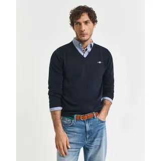 V-Ausschnitt-Pullover GANT "Classic Cotton V-Neck", Herren, Gr. S, blau (evening blau), Strick, Obermaterial: 100% Baumwolle, unifarben, Basic, regular fit hüftlang, V-Ausschnitt, elastischer Bund, Pullover V-Ausschnitt-Pullover, Premium Strickjersey aus weicher 100% Baumwolle, Übergangspullover