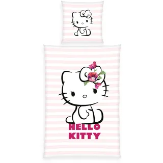 Herding Bettwäsche Hello Kitty, Kopfkissenbezug ca. 80 x 80 cm, Bettbezug ca. 135 x 200 cm, Mit Knopfleiste, 100% Baumwolle, Rosa